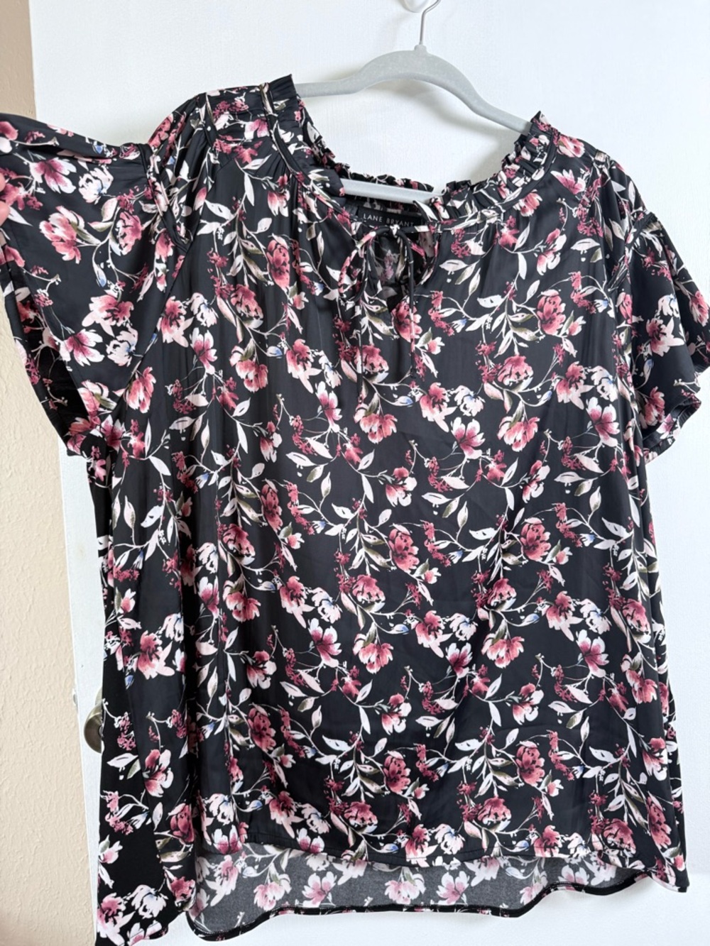 Lane‎ Bryant Black Floral Peasant Tie-Neck Blouse - Pink Floral Pre Owned